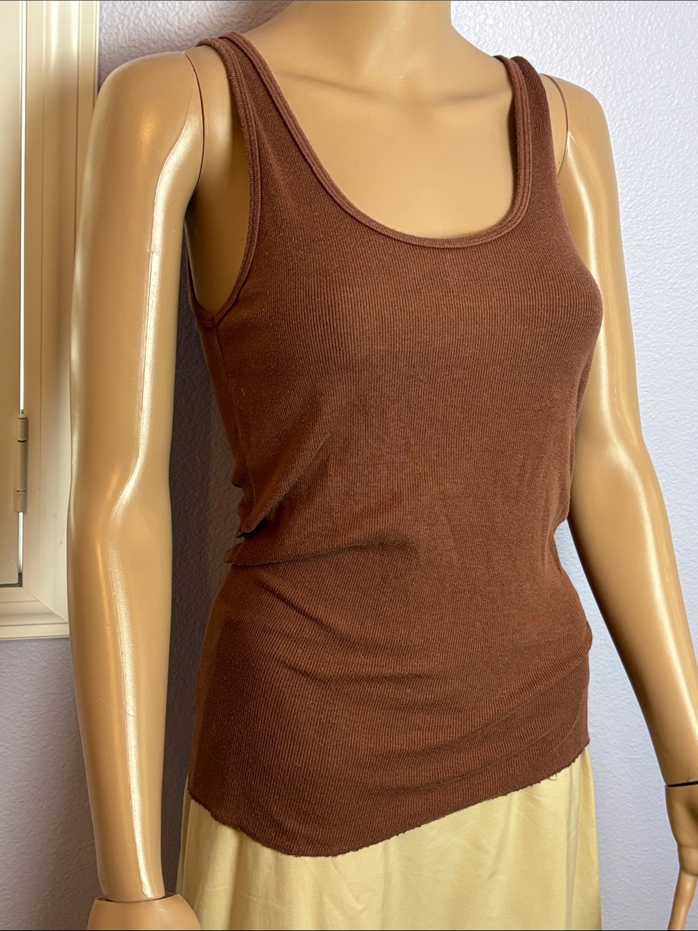 Body by Victoria Vintage Classic Ribbed Tank Top - Faded Brown with Raw Hem